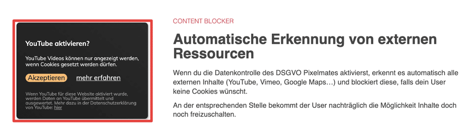 DSGVO Pixelmate Content Blocker für externe Medien wie z. B. YouTube