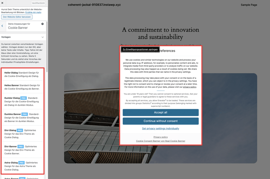 Real Cookie Banner Design-Vorlagen im WordPress Customizer