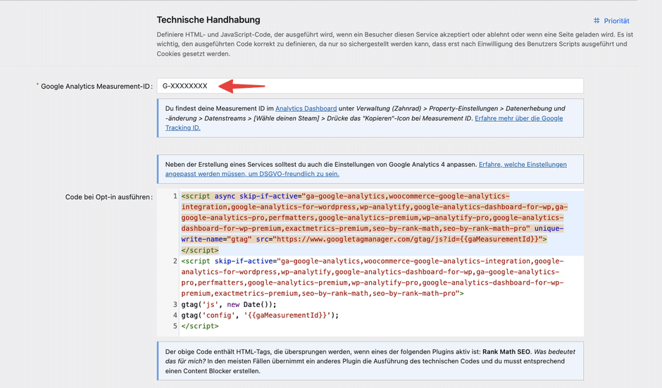 Real Cookie Banner - Google Analytics Service Tracking ID eintragen